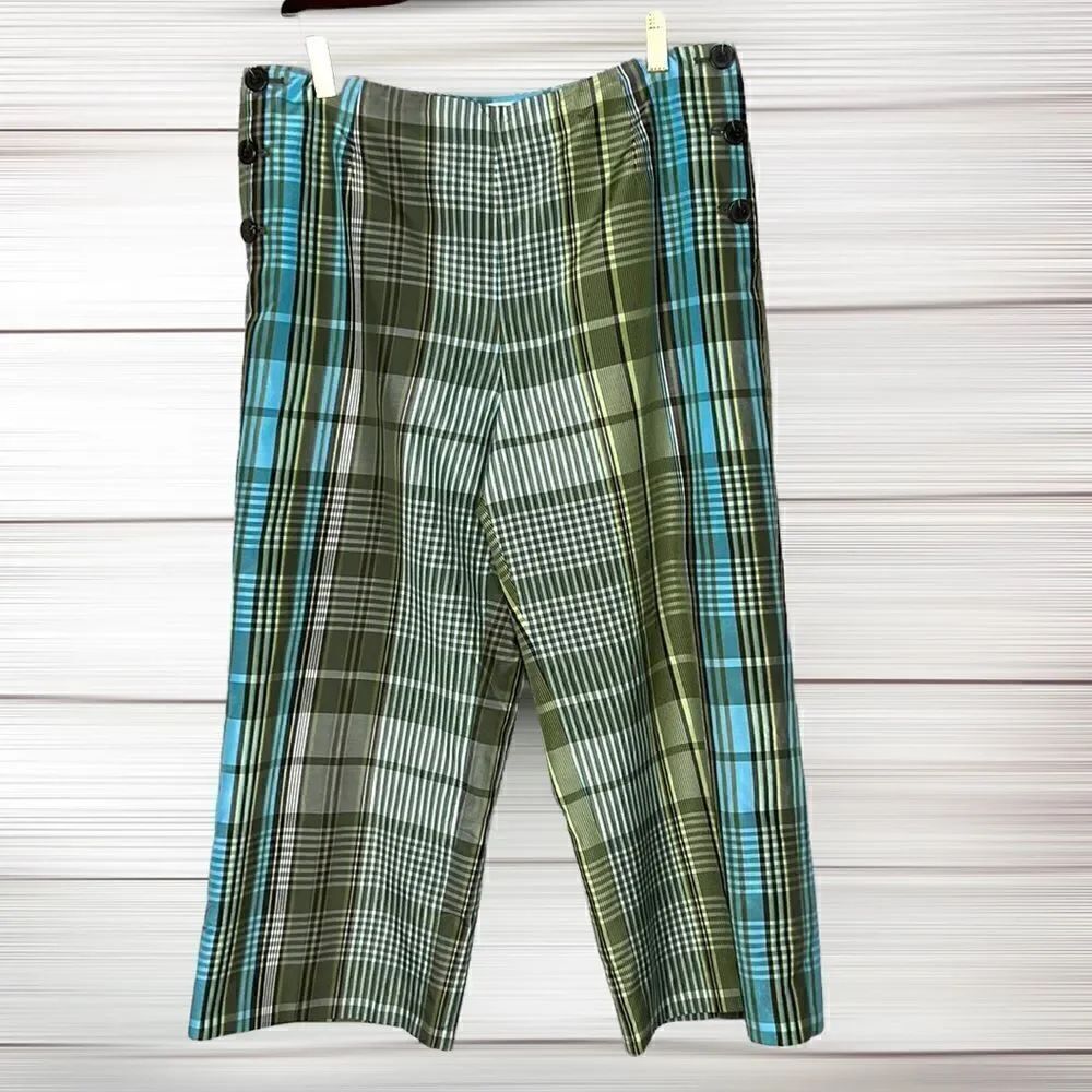 Talbots Petites Cropped Silk Blend Plaid Pant, Green/Blue, Size 12 P